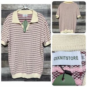 Oxknit 60’s Sweater Polo Men’s XL Cream Pink Knit Pullover Micro Pattern